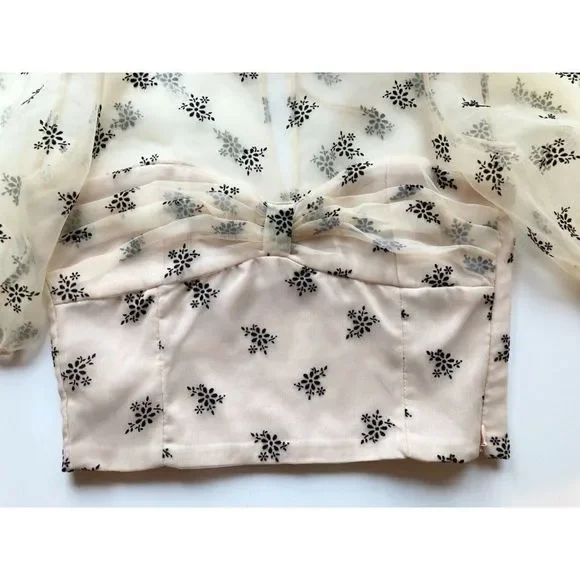NWOT ZARA Sheer Organza Velvet Floral Puff Sleeve Bustier Crop Top Blouse Size S - Picture 8 of 13